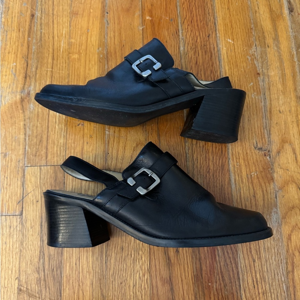 VINTAGE Black Leather Slingback Block Heel Mules Size 10M